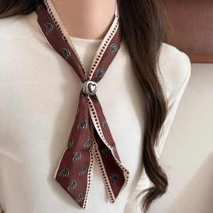 Brown paisley silk scarf necklace with a silver heart buckle for women's neck accessory