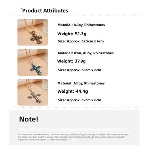 Size and material chart for vintage cross necklaces with colorful rhinestones details