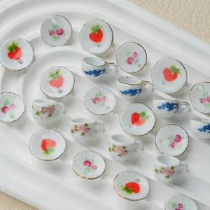 Mini Ceramic Teacup Saucer Beads Gold Edged Floral Strawberry Pattern Loose Charms For DIY Jewelry Making Dollhouse Decor