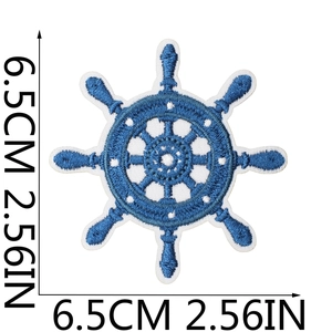 Detailed blue and white ship wheel embroidery patch with 6.5cm size measurement guide