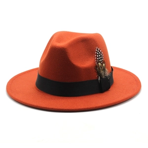 Detail of terracotta wool fedora hat featuring black ribbon and decorative feathers
