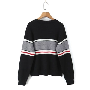 Cardigan en tricot col rond pour femme avec rayures tricolores sur poitrine et manches