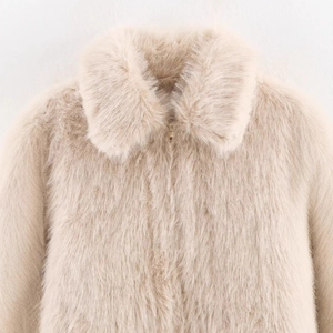 Women's faux fur jacket in apricot beige with plush long hair texture and zipper detail