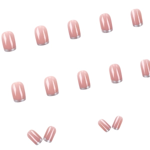 French nude press-on nails with silver glitter tips in short round square shape