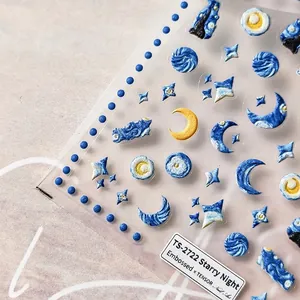 3D embossed starry night nail art stickers with blue swirls and golden stars
