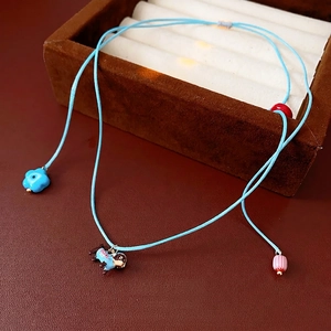 Cute Cartoon Dachshund Dog Flower Pendant Necklace Adjustable Blue Braided Cord Copper Enamel Jewelry For Women Girls