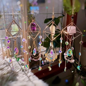 Natural Amethyst suncatcher with moon metal frame and raw crystals hanging ornament