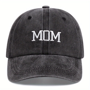 Vintage dark gray washed cotton baseball cap with white MOM embroidery and curved brim
