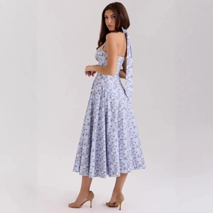 Light blue floral halter backless maxi dress with slim fit and elegant A-line silhouette