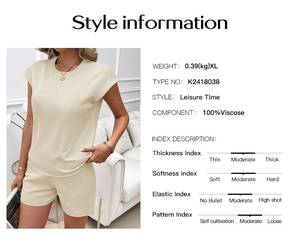 Detailed size chart and material specs for beige 100% viscose leisure knit set