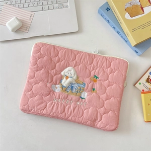 Funda rosa acolchada para portátil con bordado de cachorro y texto Happy Day