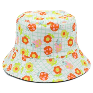 Green bucket hat with orange flowers and pink ladybugs on a clean white background