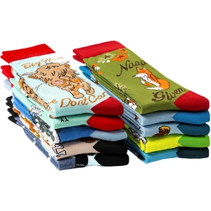 Detail of multi-colored cotton crew socks featuring slogan prints and vibrant graphic designs
