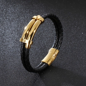 Bracelet En Cuir Tressé Double Couche Pour Hommes Avec Tube En Acier Inoxydable Et Fermoir Magnétique