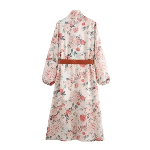 Floral chiffon midi dress in white with pink flowers and a brown waist belt detail