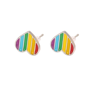 Fashionable heart-shaped rainbow enamel stud earrings with silver metal base and stripe design