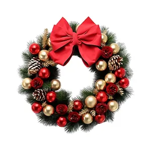 Christmas wreath sticker with red bows, pine cones, and gold ornaments on pine needles