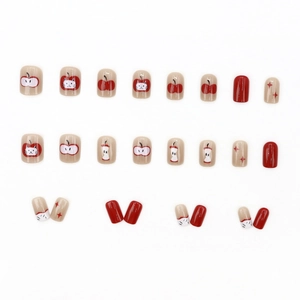 Cute apple and cat themed press-on nails set in vintage red and cream white matte finish