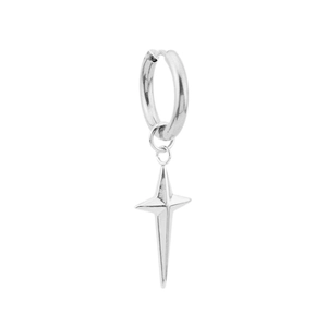 Minimalist stainless steel hoop earring featuring a 3D silver four-pointed star pendant
