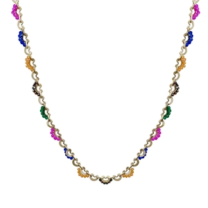 Rainbow crystal bead necklace with gold-toned metal chain and central heart knot detail
