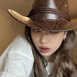 Cappello da cowboy marrone in pelle PU con foglie goffrate e corda per uomo e donna