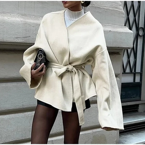 Women's chic beige wool-like loose V-neck jacket with belted waist in casual street style