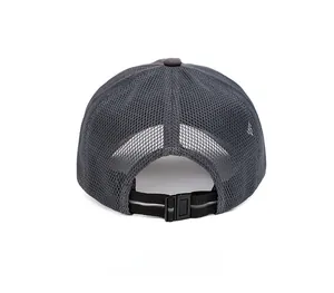 Rear view of dark grey mesh baseball cap featuring adjustable buckle strap and breathable fabric