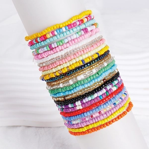 Colorful Bohemian beaded bracelet set with multi-layer elastic rainbow seed beads