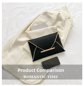 Détail de la pochette noire à motif croco avec garnitures dorées et boucle métal