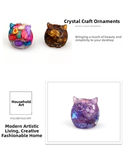 Macro detail of natural crystal stone owl figurines in multiple colors for desk decor