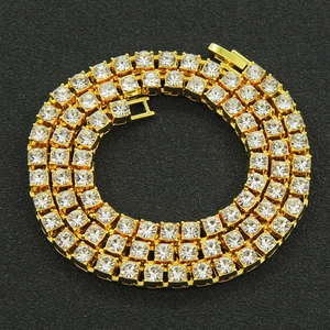 Classic gold punk tennis necklace with single row square transparent rhinestones