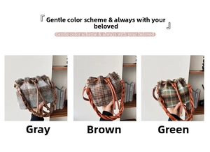 Close-up of three wool bucket bags in grey brown and green with woven straps