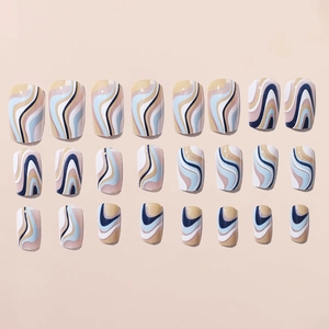 Retro wavy fluid art press-on nails in blue and yellow squoval shape full set