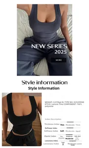 Detail view of ribbed tank top and jogger set with polyester fabric specs and size info