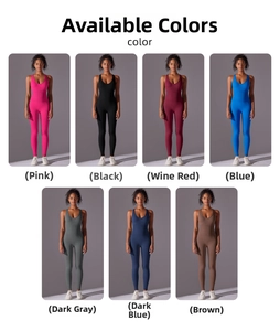 Detailed grid showing seven colors of sleeveless one-piece yoga sport jumpsuits