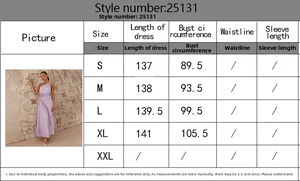 Detailed size chart for elegant slim fit one-shoulder evening maxi dress with pleats