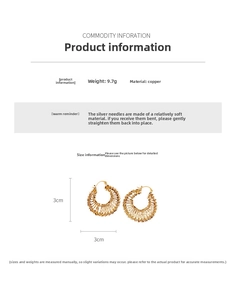 Détail de boucles d'oreilles dorées tressées, diamètre 3 cm, texture métallique