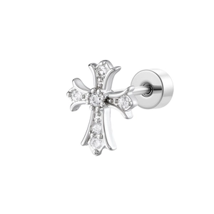 Silver cross screw back earring with micro-paved zircons on a white background