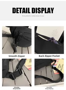 Detailed close-up of durable zipper, security back pocket, and buckle on black canvas chest bag