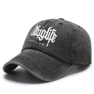 Vintage washed charcoal baseball cap with Thuglife and Outlaw white 3D embroidery