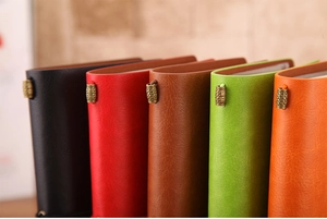 Close-up of vintage leather notebooks with embossed metal charms in multiple colors