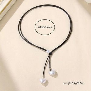 Collier en Y réglable avec perles en cœur et corde noire, longueur 40cm, poids 5,7g