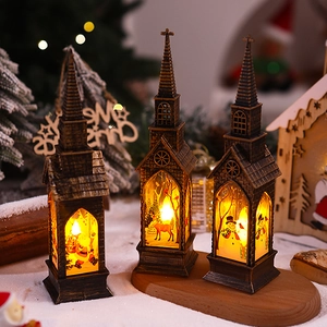 Three retro Christmas church lanterns with warm LED light and a wooden base stand