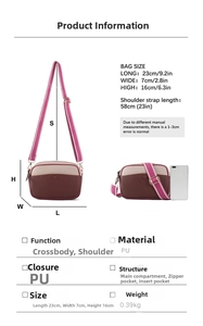 Spécifications de taille pour le sac à bandoulière bicolore en cuir PU avec dimensions