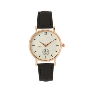 Vintage women's quartz watch with grainy beige dial and black leather strap on white background