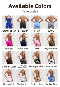 Detailed color selection guide for women's yoga rompers showing various solid and tie-dye hues
