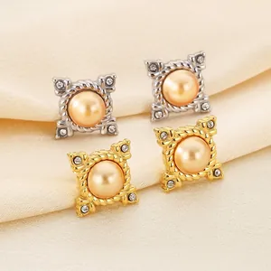 Retro Square Stud Earrings Stainless Steel With Shell Artificial Pearl And Rhinestone 18K Gold Plated Elegant Twisted Rope Style Women