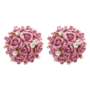 Pink 3D rose flower stud earrings with sparkling crystals and gold-plated base