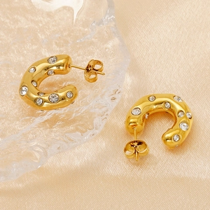 Hammered C-shape 18K gold plated stainless steel hoop earrings with zircon accents