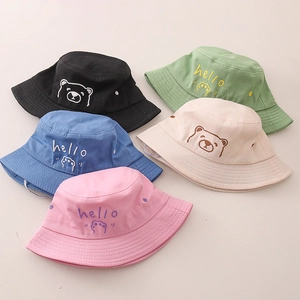 Kids' bucket hats in five colors with cute bear embroidery and white windproof strings